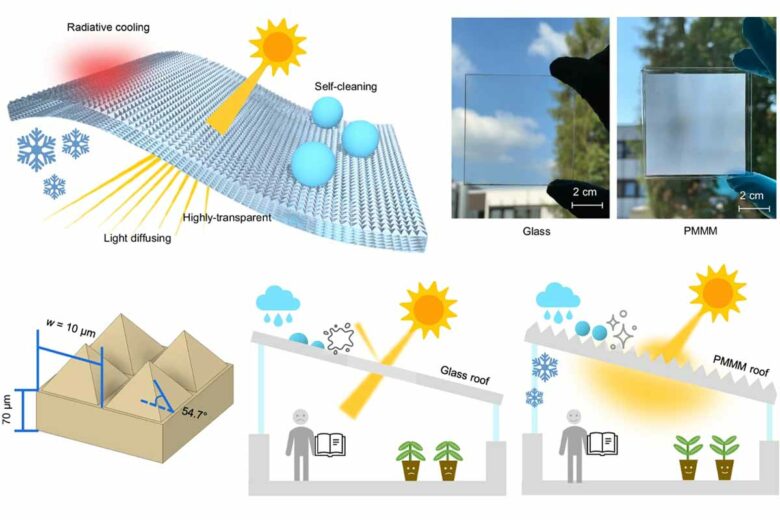 Schématisation des métamatériaux multifonctions microphotoniques (PMMM) pour une gestion intégrée de la lumière, de la chaleur et de l'auto-nettoyage.