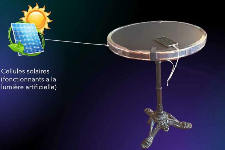 Une table de café dotée de panneaux solaires pour recharger ses appareils.