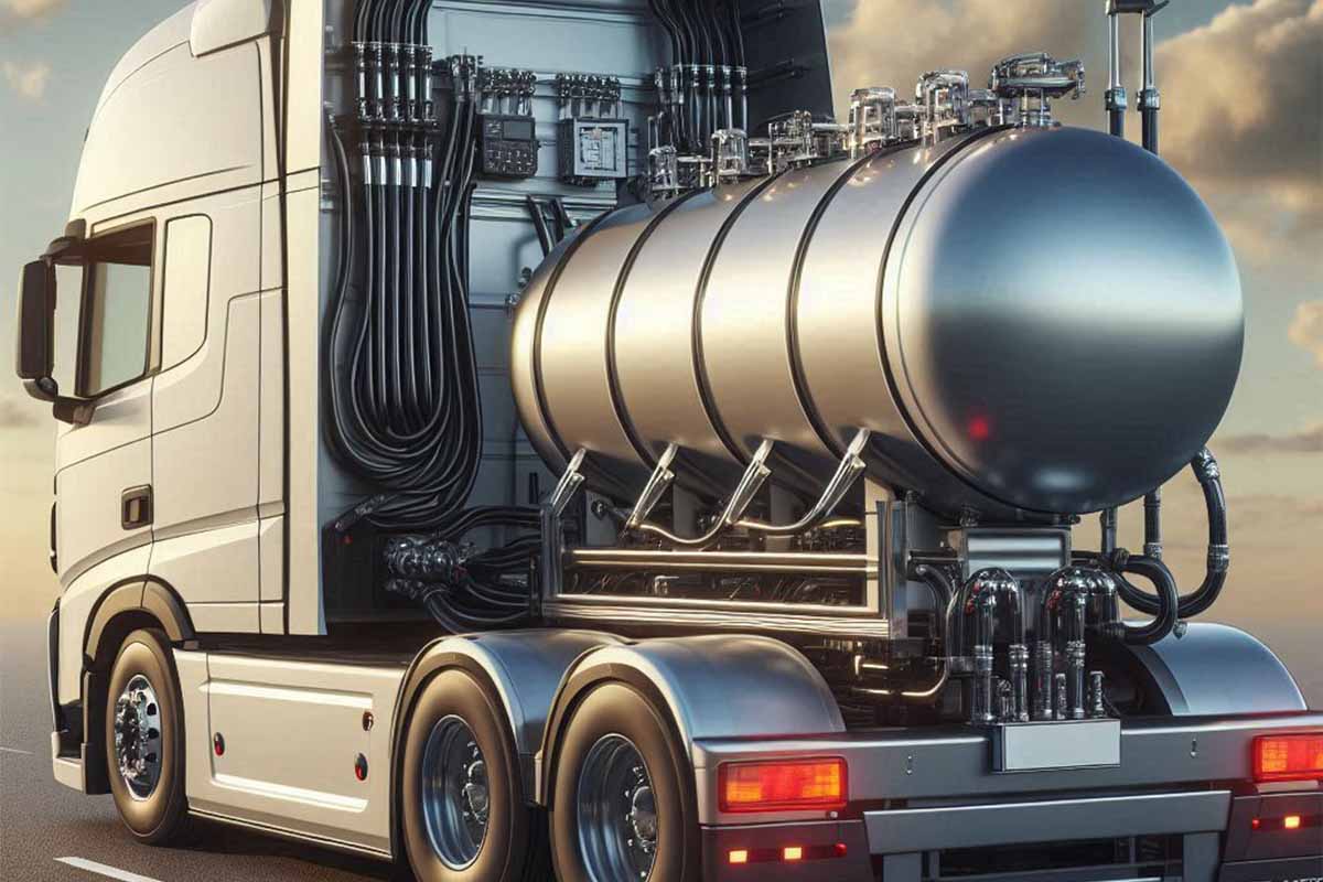 Une cuve d'hydrogène liquide servant de carburant à un camion de transport.