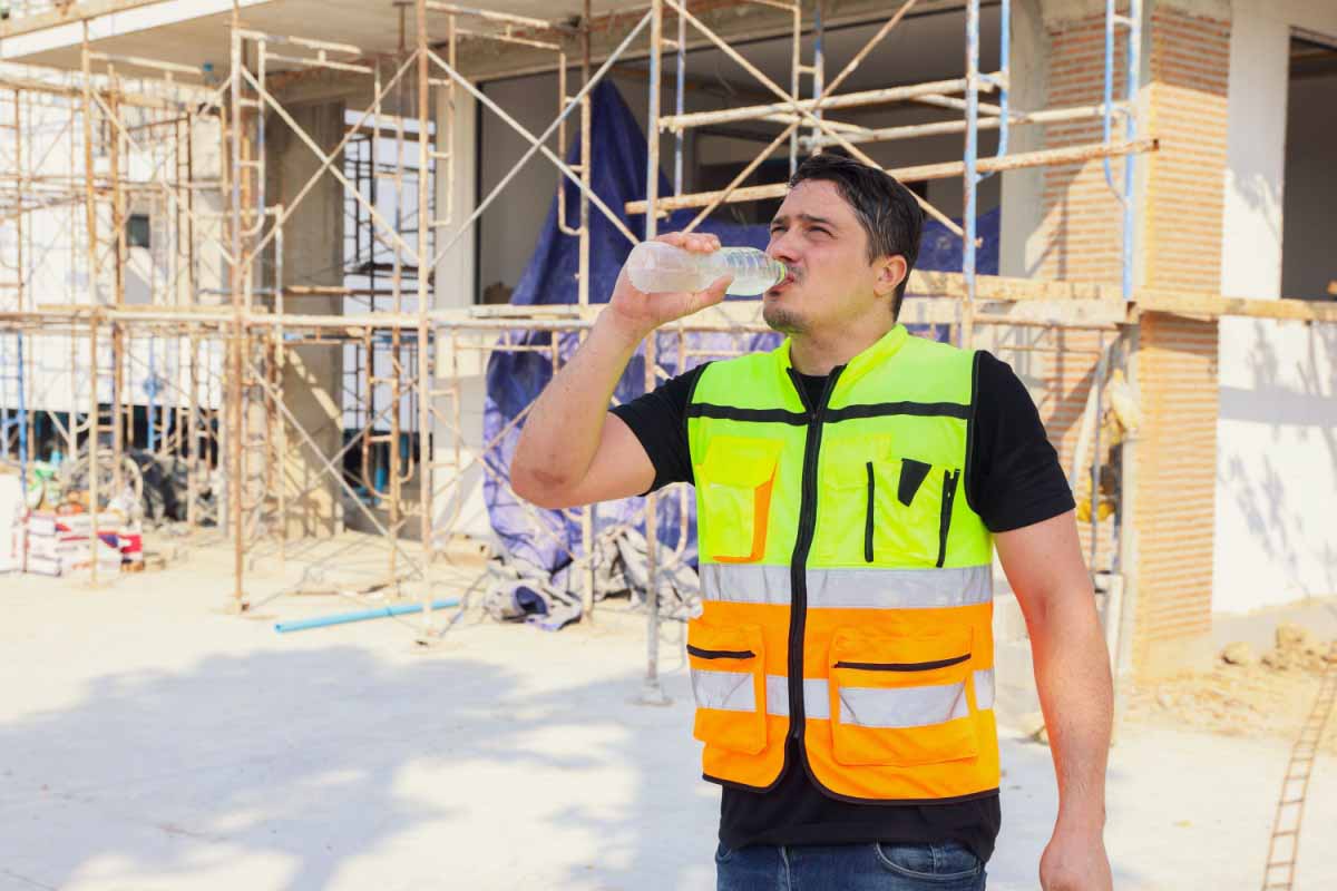 Un ouvrier qui se réhydrate sur un chantier à cause des fortes chaleurs.