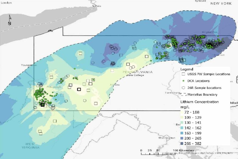 Carte de la zone d'étude montrant l'étendue des schistes de Marcellus.