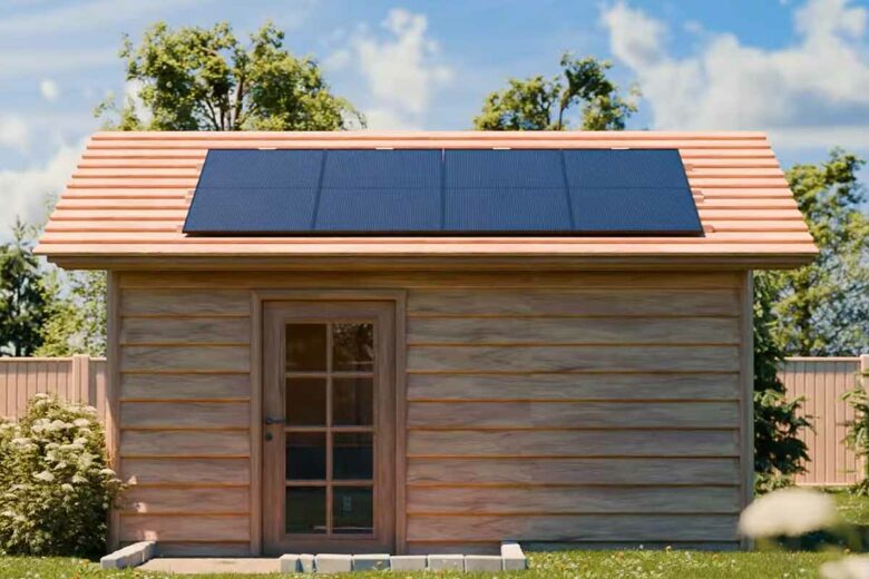 Des panneaux solaires Beem installés sur le toit d'un abri de jardin.