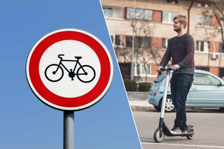 Ce panneau d'interdiction ne concerne plus uniquement les cyclistes. Désormais, les trottinettes électriques et les EDPM sont également concernés.