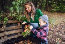 Une femme et son enfant qui font du compost dans le fond du jardin.