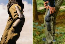 Un exosquelette directement posé sur un pantalon.