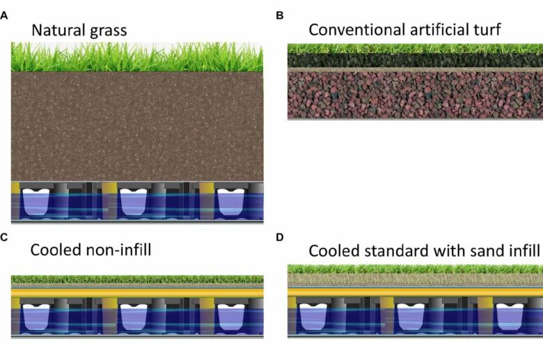 Conception des quatre parcelles de recherche : gazon naturel (A), conventionnel (B), non-remplissage refroidi (C) et standard refroidi (D) .