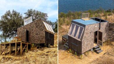 Une Tiny house recouverte de liège avec une terrasse panoramique et une terrasse extérieure.