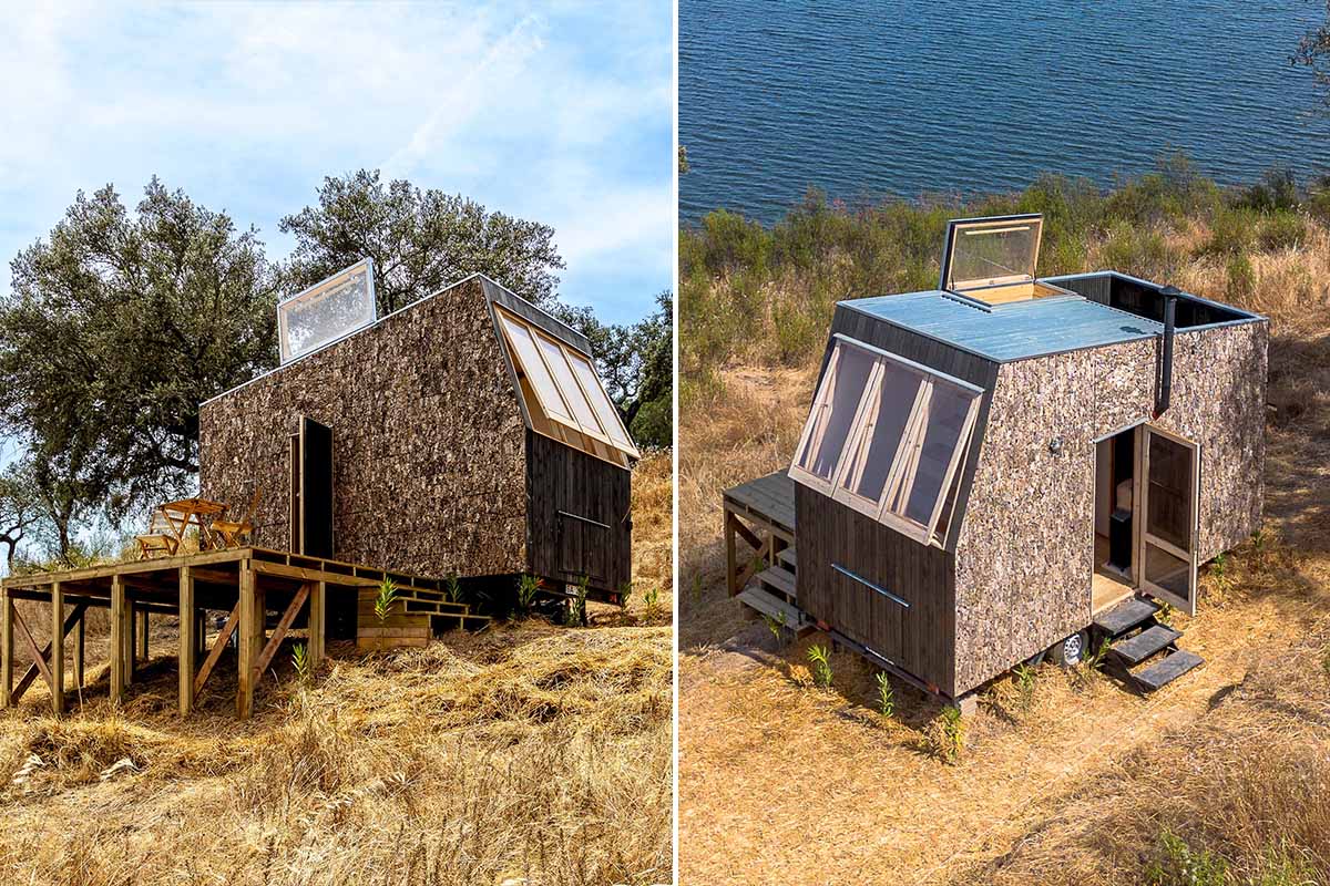 Une Tiny house recouverte de liège avec une terrasse panoramique et une terrasse extérieure.