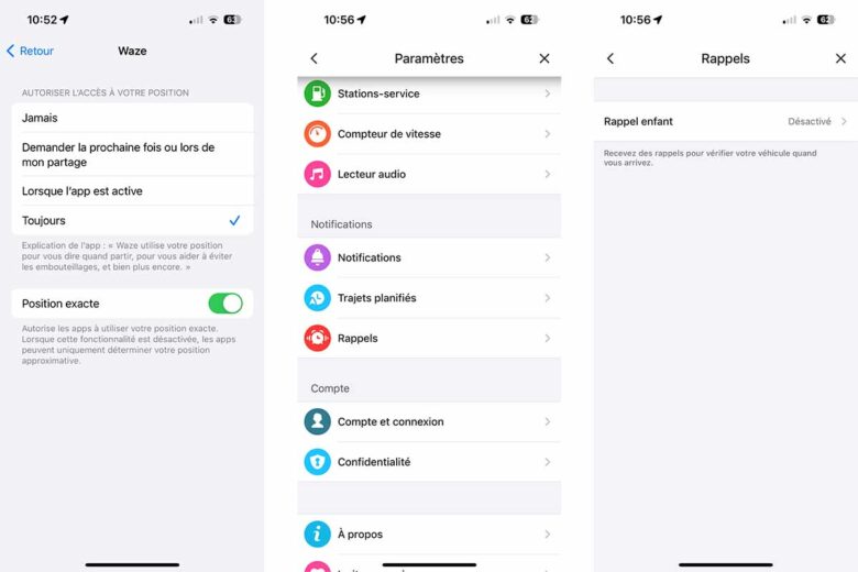 Réglages sur IOS pour l'autorisation de localisation, et sur Waze pour le rappel enfant.