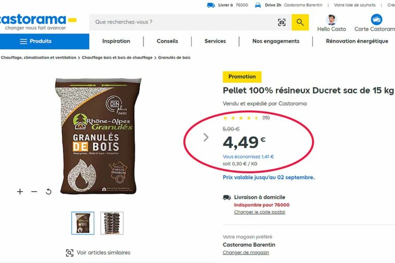 Des pellets en promotion chez Castorama.