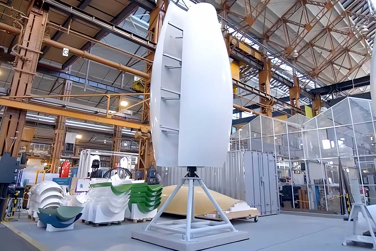 Une éolienne verticale Flower turbines en test dans les ateliers.