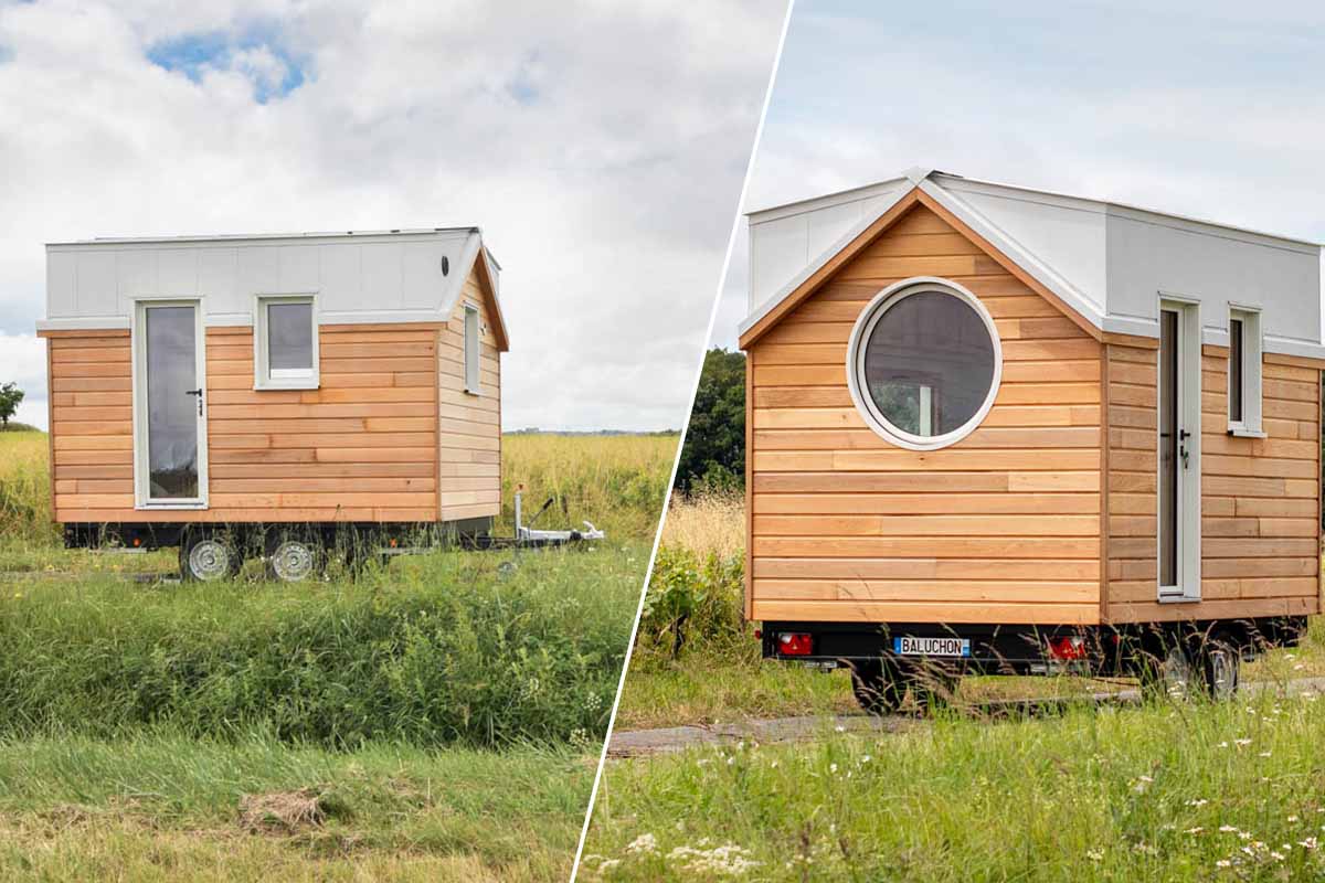 Une tiny house compacte et minimaliste avec un grand hublot.