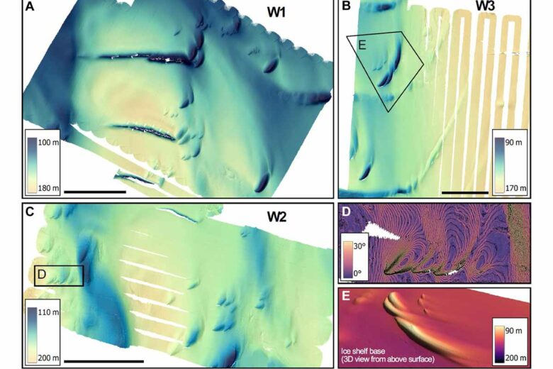 ( A à C ) Les cartes multifaisceaux d'un mètre de la région occidentale (W1 à W3) montrent une topographie de glace lisse et érodée, ( D et E ) d'énigmatiques larmes en grappes et des fractures. L'écart de 45° par rapport à l'écoulement de l'eau des larmes est mis en évidence par la pente de la base de glace (D), et leur morphologie est représentée en trois dimensions (3D) à partir d'un point de vue au-dessus de la base de la plate-forme de glace (E). Les barres noires de (A) à (C) représentent 1 km et les cartes sont projetées dans la zone UTM 13S (WGS84 Datum).