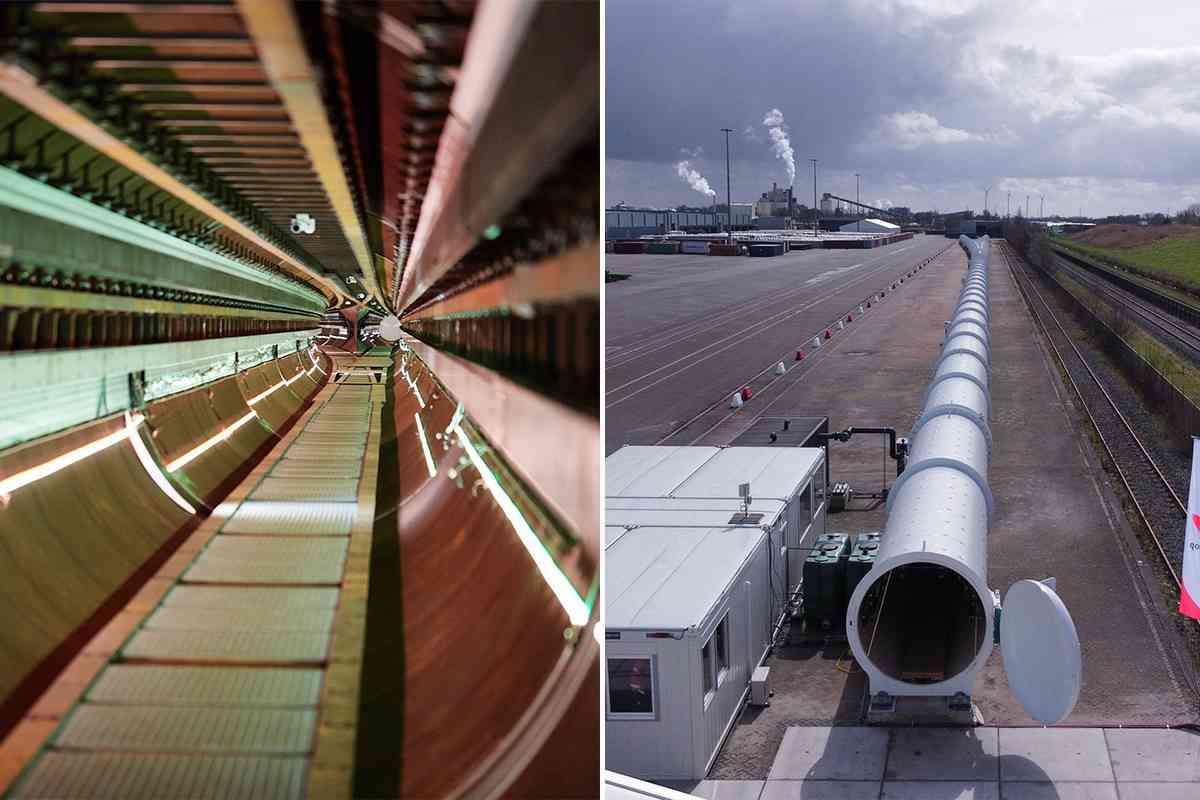 Une piste de 420 m de long, composée de 34 tubes de 2,5 m de diamètre. Vue intérieure et extérieure.