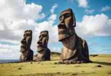 Les immenses statues moai de l'ile de Pâques, monuments typiques et historiques de cette ile de l'océan Pacifique.