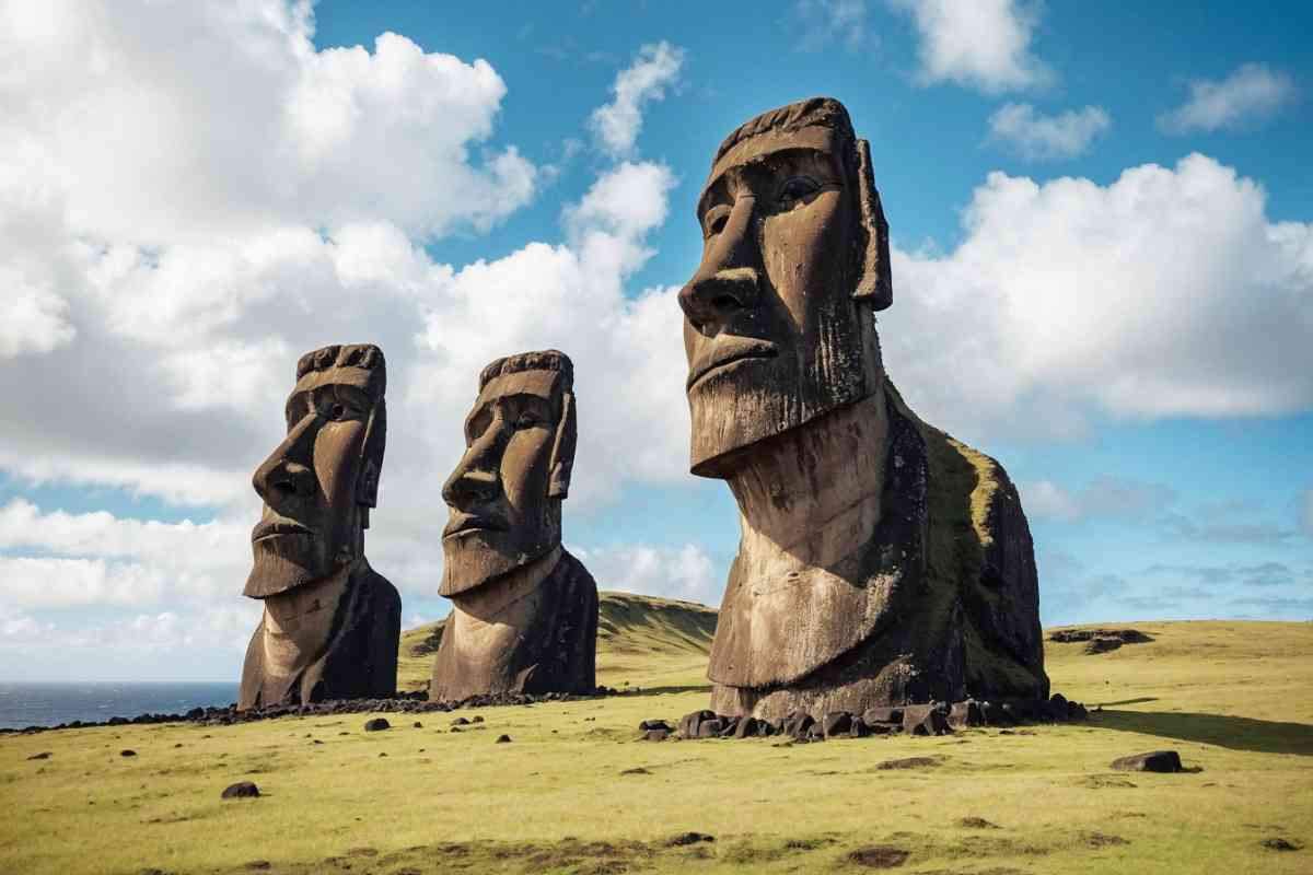 Les immenses statues moai de l'ile de Pâques, monuments typiques et historiques de cette ile de l'océan Pacifique.