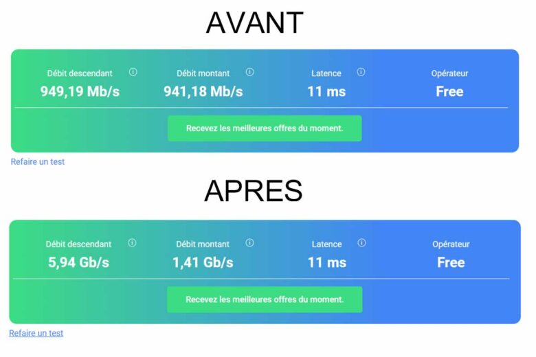 Avant et après l'installation du module SFP.