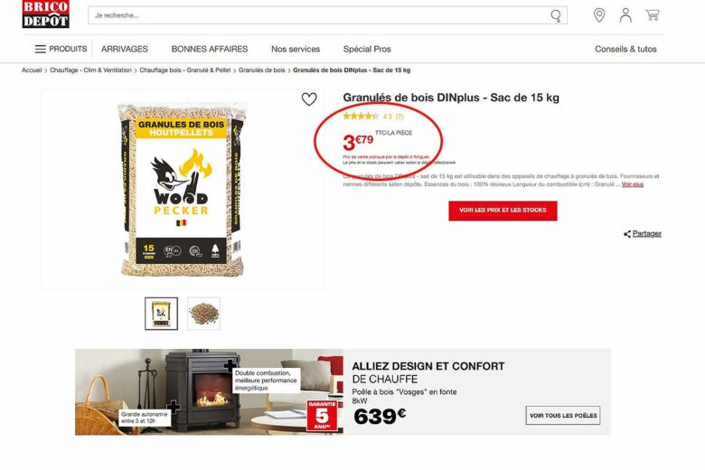Capture d'écran d'une offre sur des pellets de Brico Dépôt.