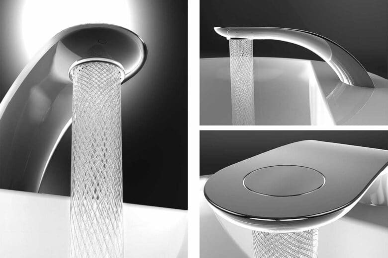 Un robinet design tactile avec un flux d'eau en tourbillon.