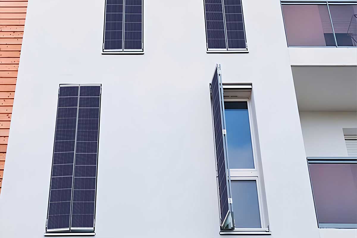 Bâtiment équipé de volets solaires aux fenêtres.