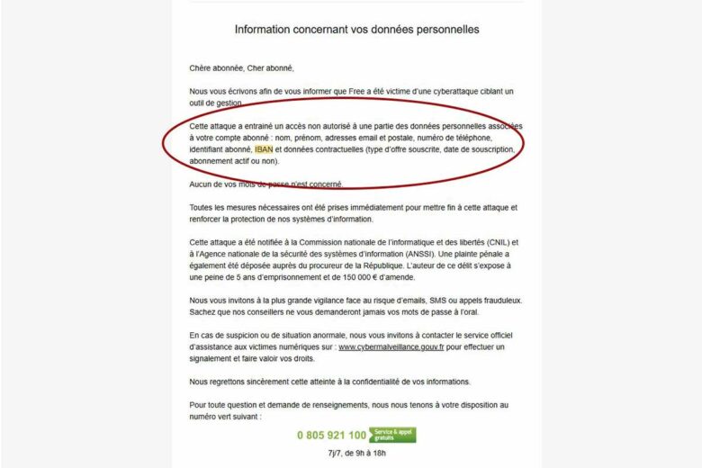 Le courrier adressé par Free à ses abonnés suite à un piratage massif.