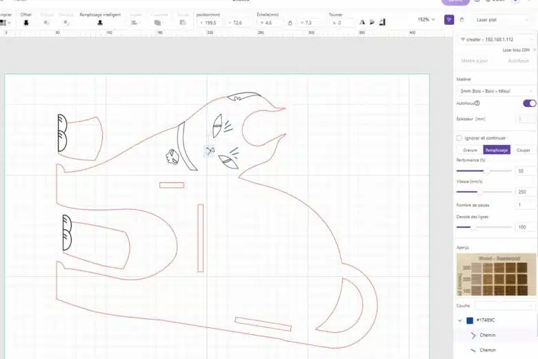 Le choix du matériaux, le mode de découpe ou de gravure se fait en 3 clics.