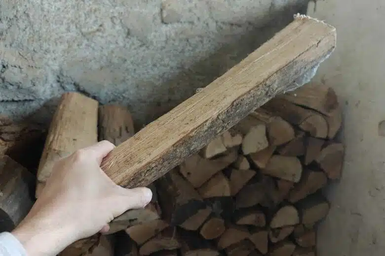 Une buche de bois tenue en main.