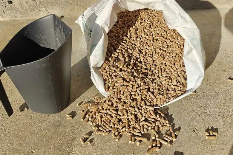 Des pellets de bois qui sortent du sac.