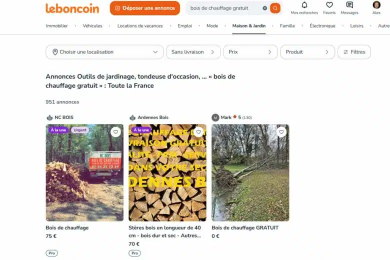 Du bois de chauffage gratuit sur Leboncoin.