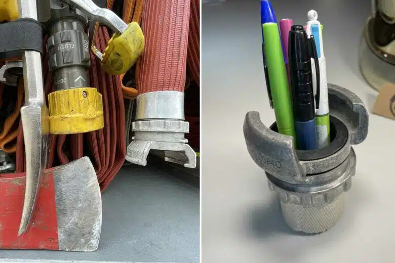 Un embout de lance à incendie transformé en pot à crayons.