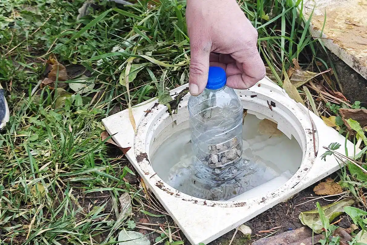 Une bouteille en plastique placée dans un skimmer.