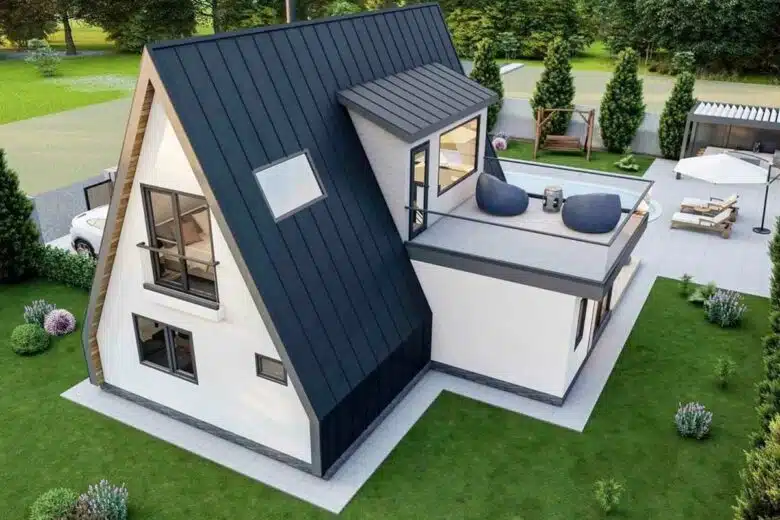 Une maison en A avec une terrasse surélevée.