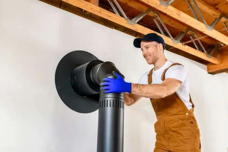 Un installateur pose le conduit du poêle ventouse.