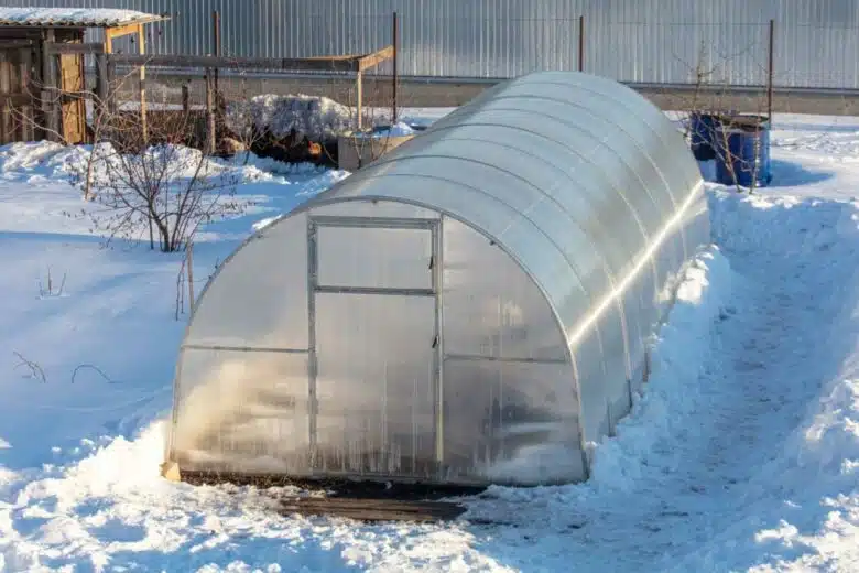 Une serre de jardin en plein hiver avec de la neige.