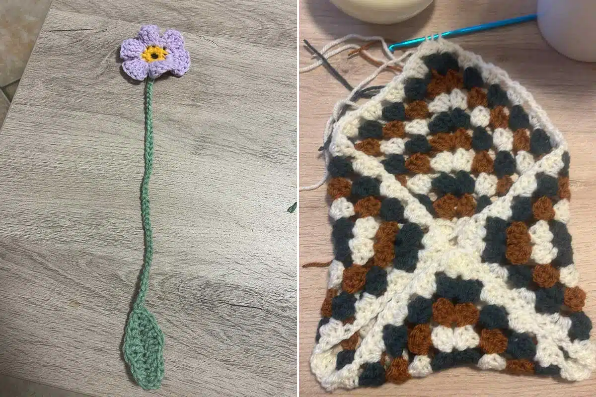 Un marque-page en forme de fleur et une pochette en crochet.