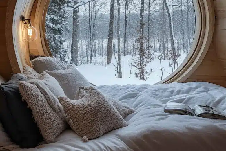 Un lit dans une pièce avec vue sur la nature à travers un hublot rond. 