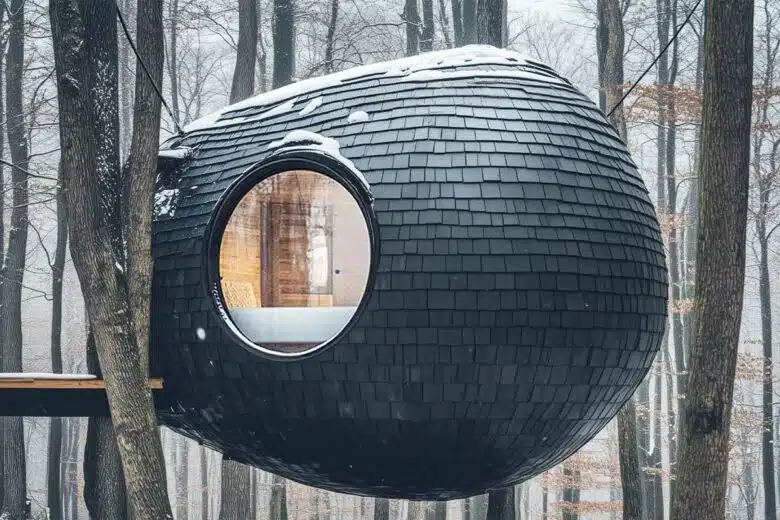 Une cabane bulle dans un arbre.