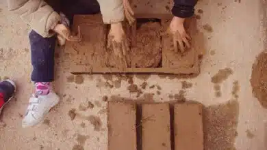 Fabrication de briques en terre crue lors d'un atelier découverte.