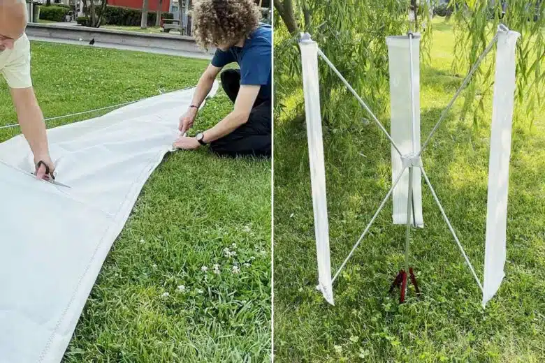 Les pales de l'éolienne sont fabriquées en tissus.