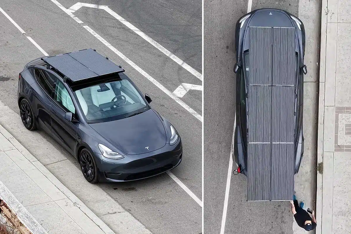 Une Tesla avec des panneaux solaires.