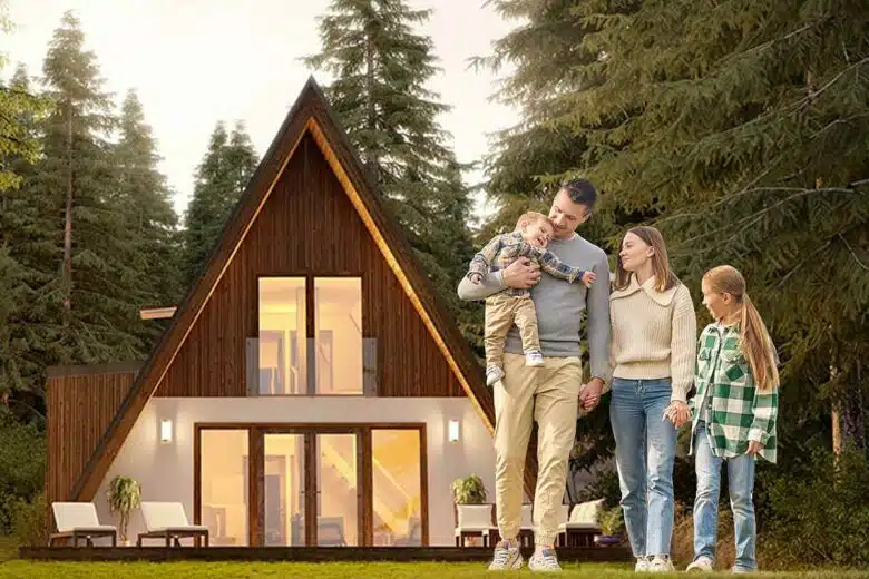 Une famille devant une maison en A.