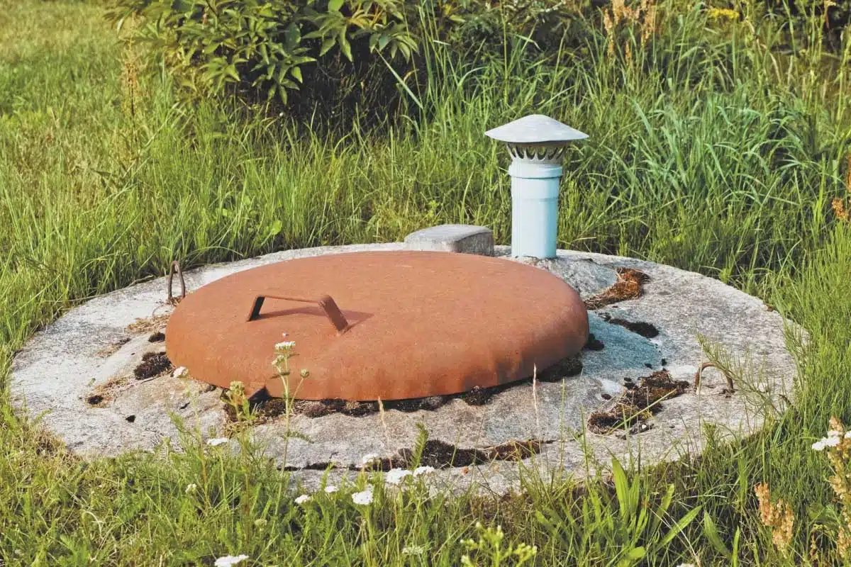 L'entrée d'un bunker dans un jardin.