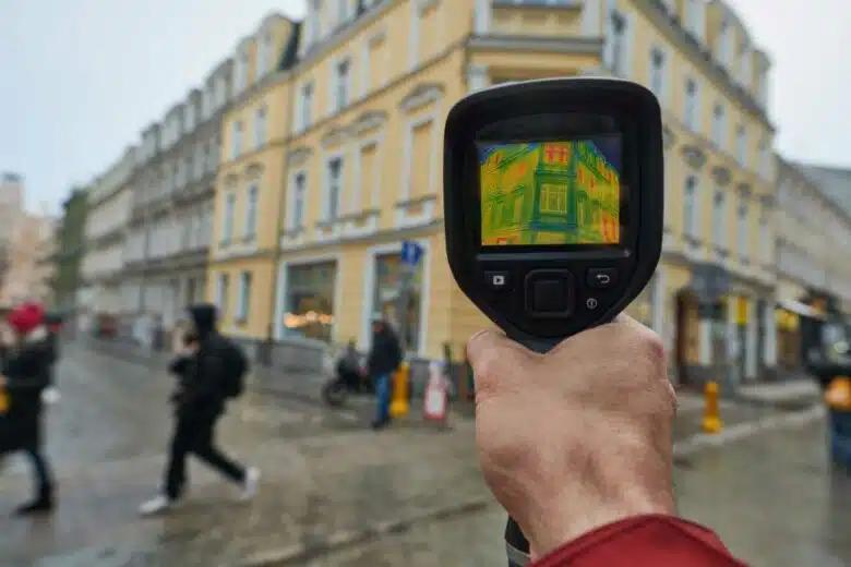 Un bâtiment examiné avec une caméra thermique.