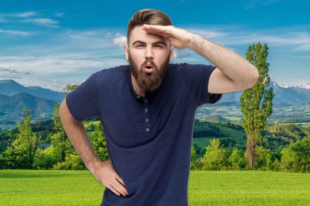 Un homme regarde au loin, devant un paysage.