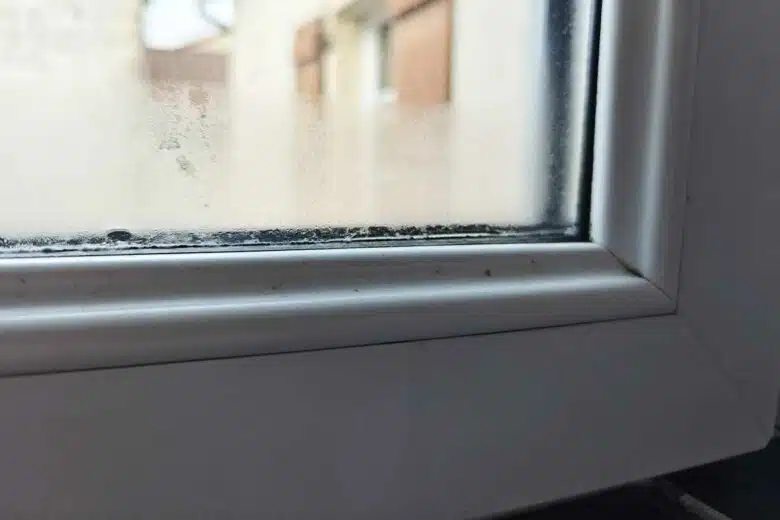 Une fenêtre avec un dépôt de condensation sur la vitre.