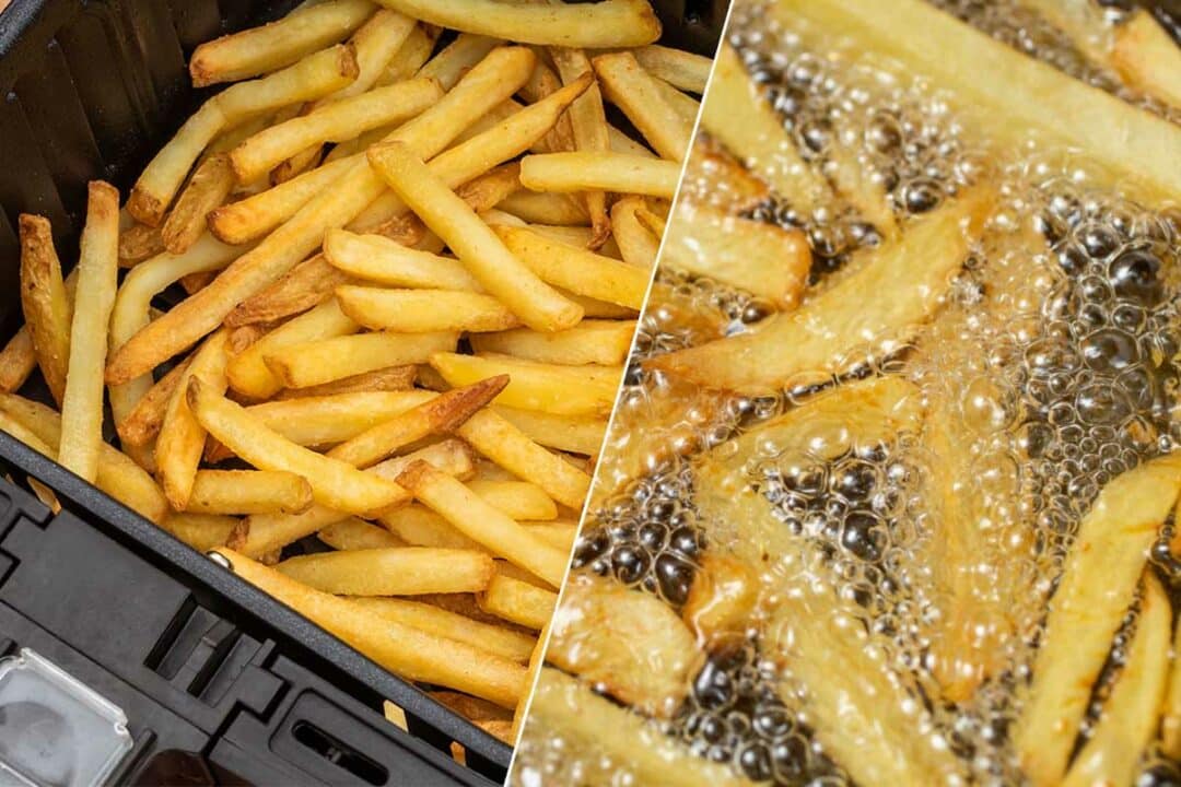 Des frites cuites à l'airfryer et à la friteuse à huile.