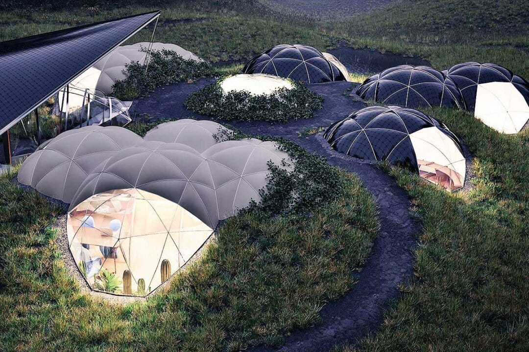 Un concept d'habitat semi-enterré avec des structures gonflables.