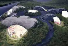 Un concept d'habitat semi-enterré avec des structures gonflables.