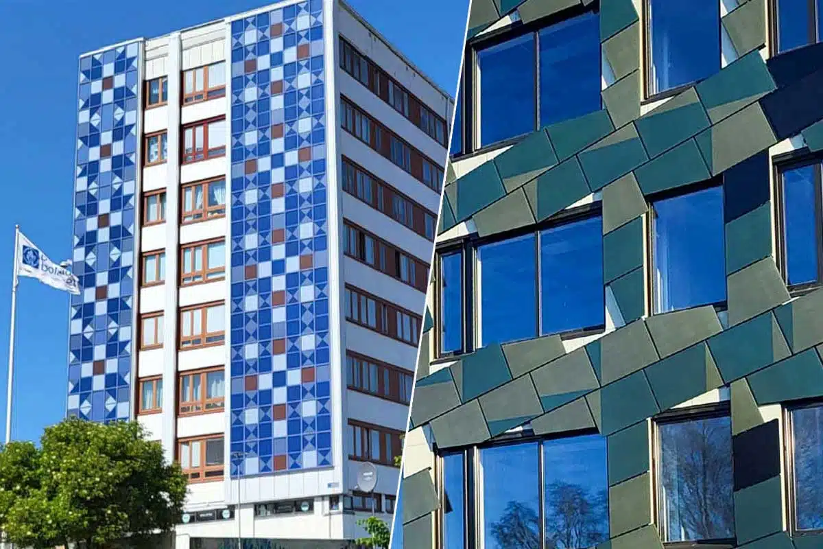 Des bâtiments avec une façade en panneaux solaires intégrés.