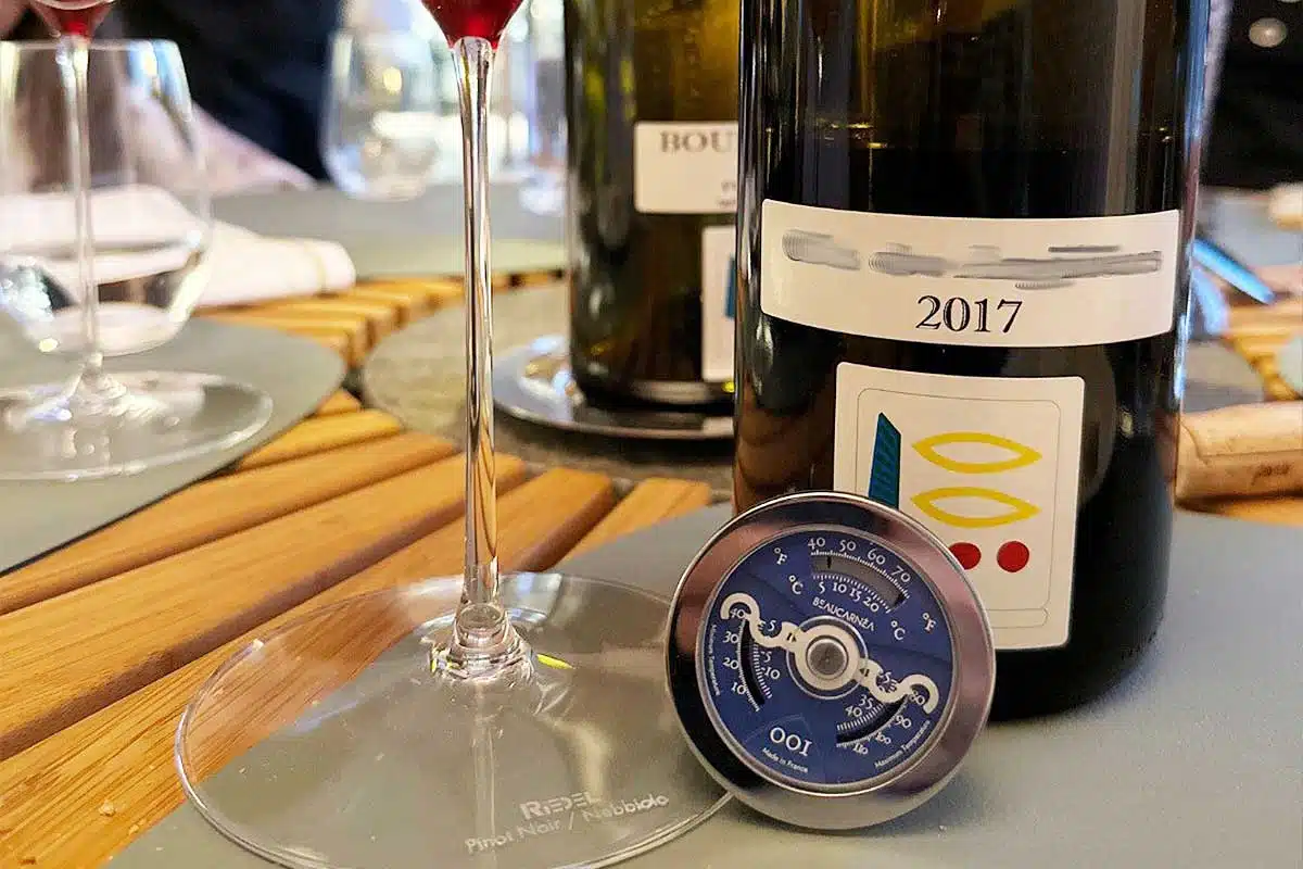 Une capsule Beaucarnea sur la table devant une bouteille de vin.